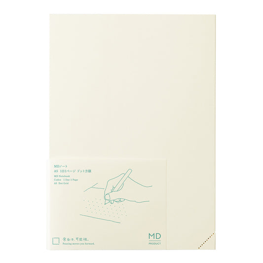 Beige notebook with green text and design on a white background