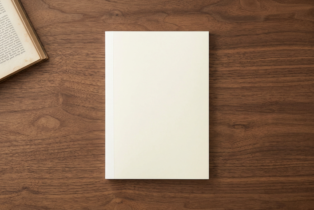 Ivory MD Notebook A5 with white binding beside an open reading book on a walnut table.