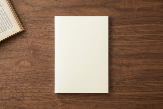 Ivory MD Notebook A5 with white binding beside an open reading book on a walnut table.