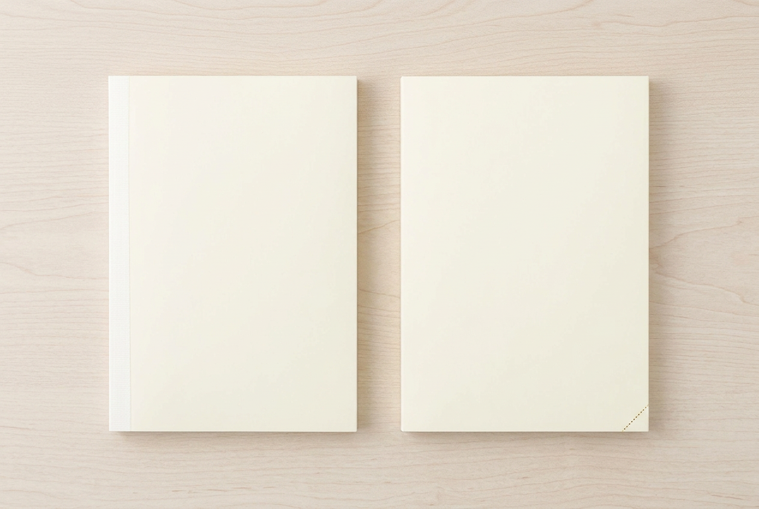 Overhead comparison of the ivory MD Notebook A5 and MD Notebook A5 Codex 1 Day 1 Page Dot Grid on a pale oak desk.