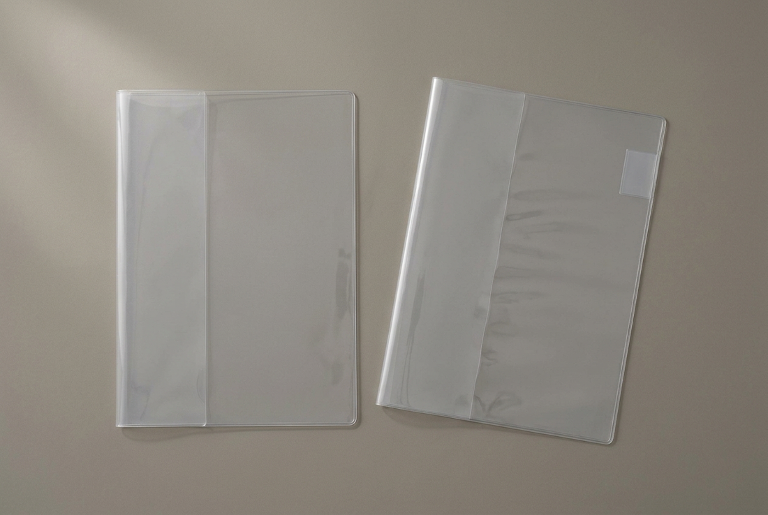 Standard A5 and dedicated A5 Codex Midori MD clear notebook covers arranged side by side on a warm gray surface.