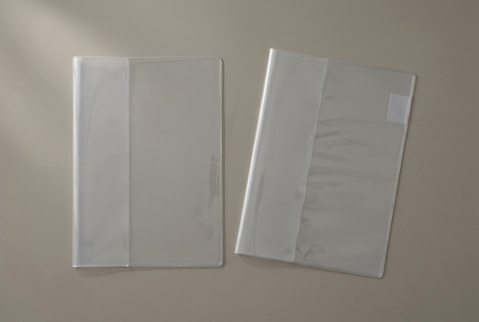 Standard A5 and dedicated A5 Codex Midori MD clear notebook covers arranged side by side on a warm gray surface.