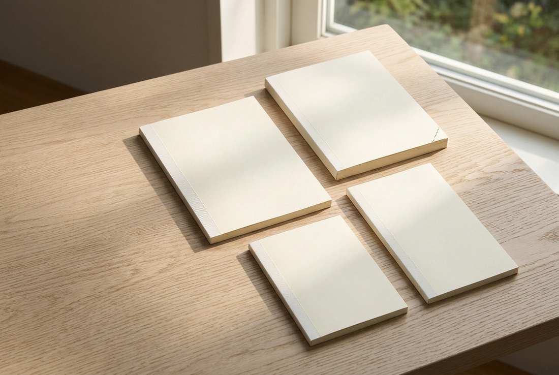 Four cream Midori MD notebooks in A5, A6, B6 Slim and A5 Codex formats arranged on a sunlit oak table.
