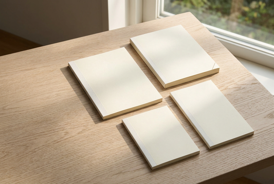 Four cream Midori MD notebooks in A5, A6, B6 Slim and A5 Codex formats arranged on a sunlit oak table.