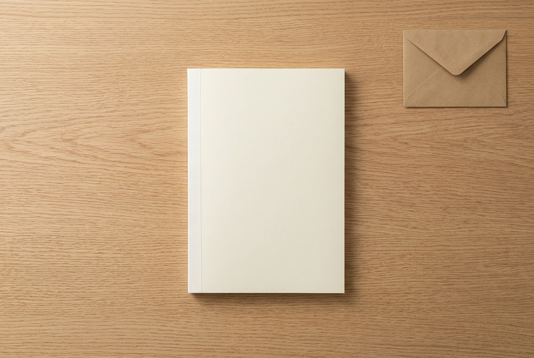 Ivory MD Notebook [A5] on a light oak desk beside a small archival envelope.