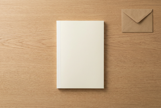 Ivory MD Notebook [A5] on a light oak desk beside a small archival envelope.