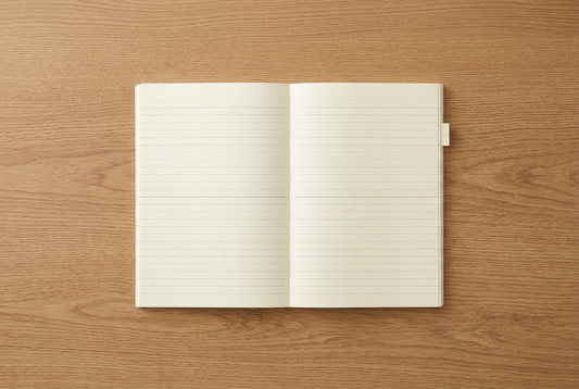 Open cream-colored MD Notebook A5 with lined pages and a small page tab on a warm oak desk.