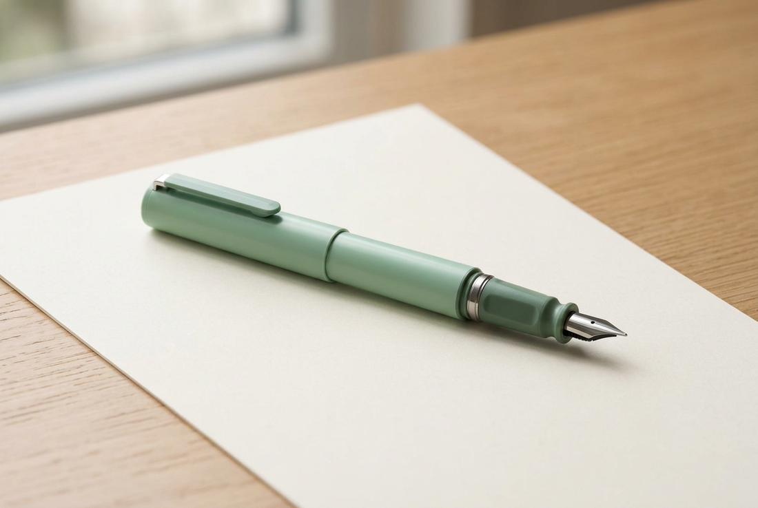 Mint green TUZU ADJUST fountain pen with its nib and grip visible, resting on ivory paper on a light oak desk.