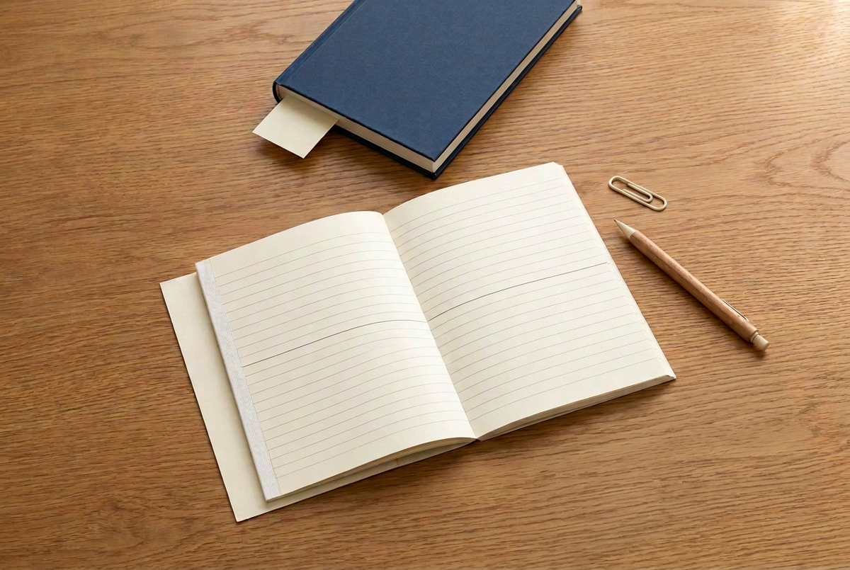 Overhead flat lay of an open cream MD Notebook A5 with ruled pages beside a navy hardcover book with a loose paper bookmark on an oak desk