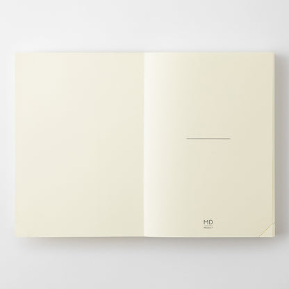 Open notebook with cream-colored pages on a white background