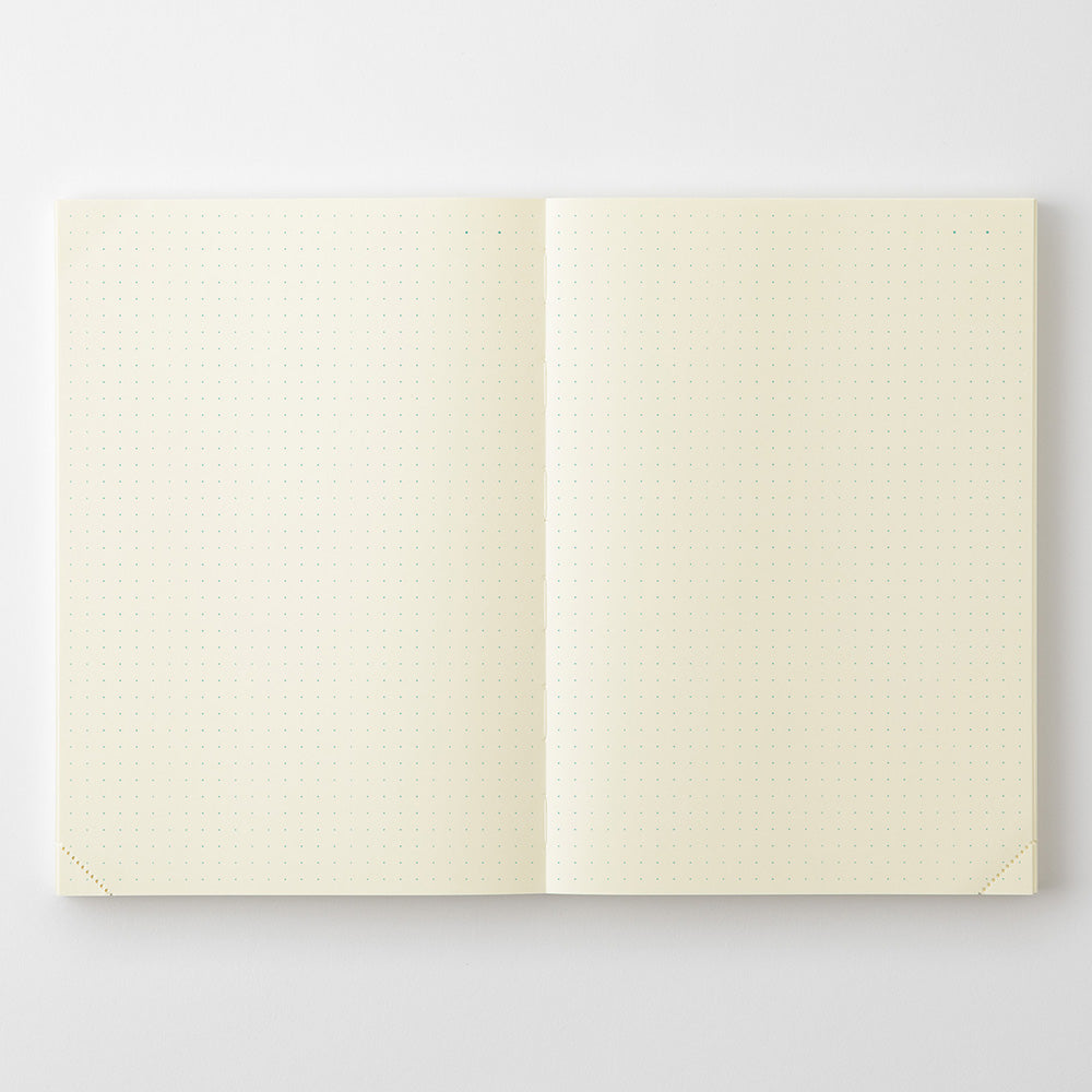 Open notebook with cream-colored pages on a light gray background