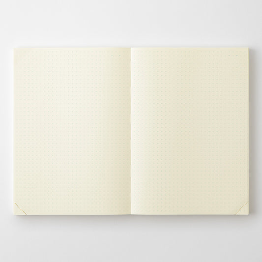Open notebook with cream-colored pages on a light gray background