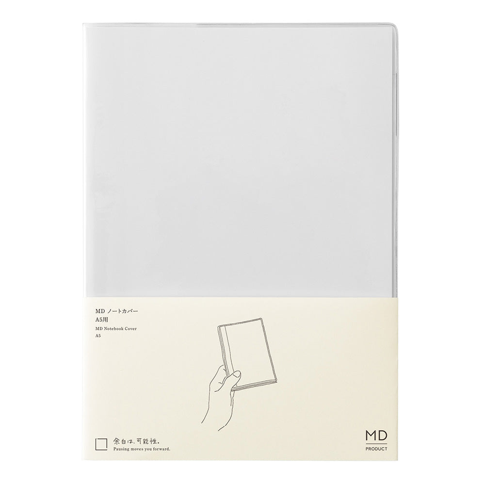 Clear notebook cover with a hand holding the notebook on a white background