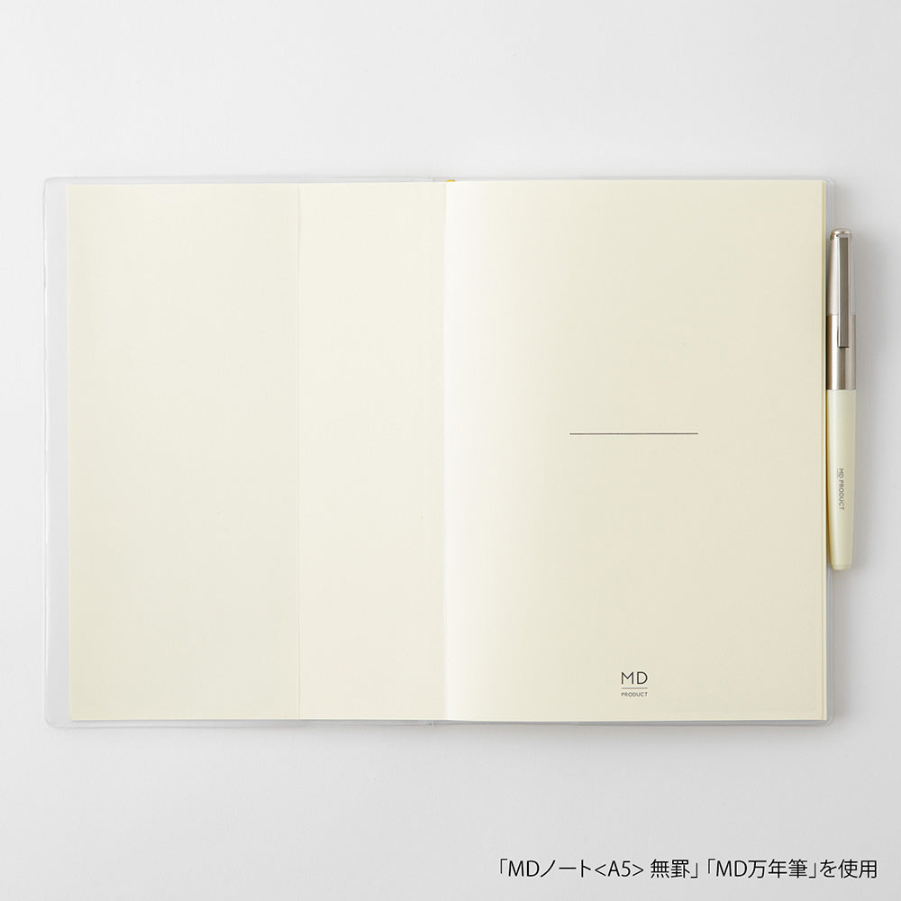 Open notebook with a pen on a white background