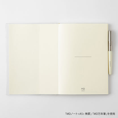 Open notebook with a pen on a white background