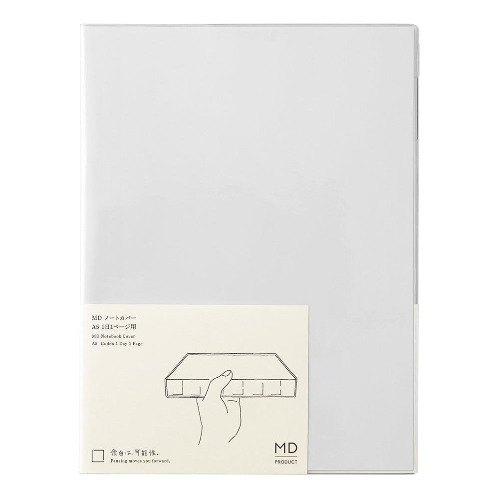 Midori clear notebook cover with a small label on a white background