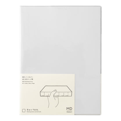 Midori clear notebook cover with a small label on a white background