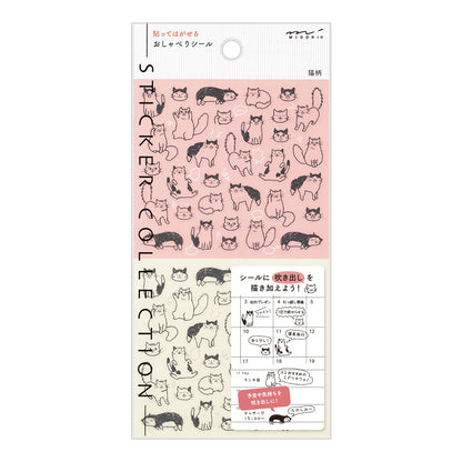 Sticker collection with cat illustrations on a pink background