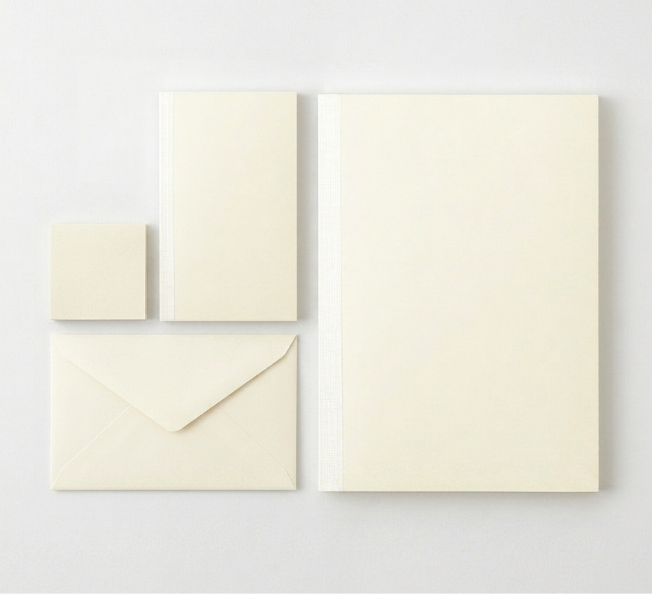 Set of cream-colored envelopes and cards on a light gray background
