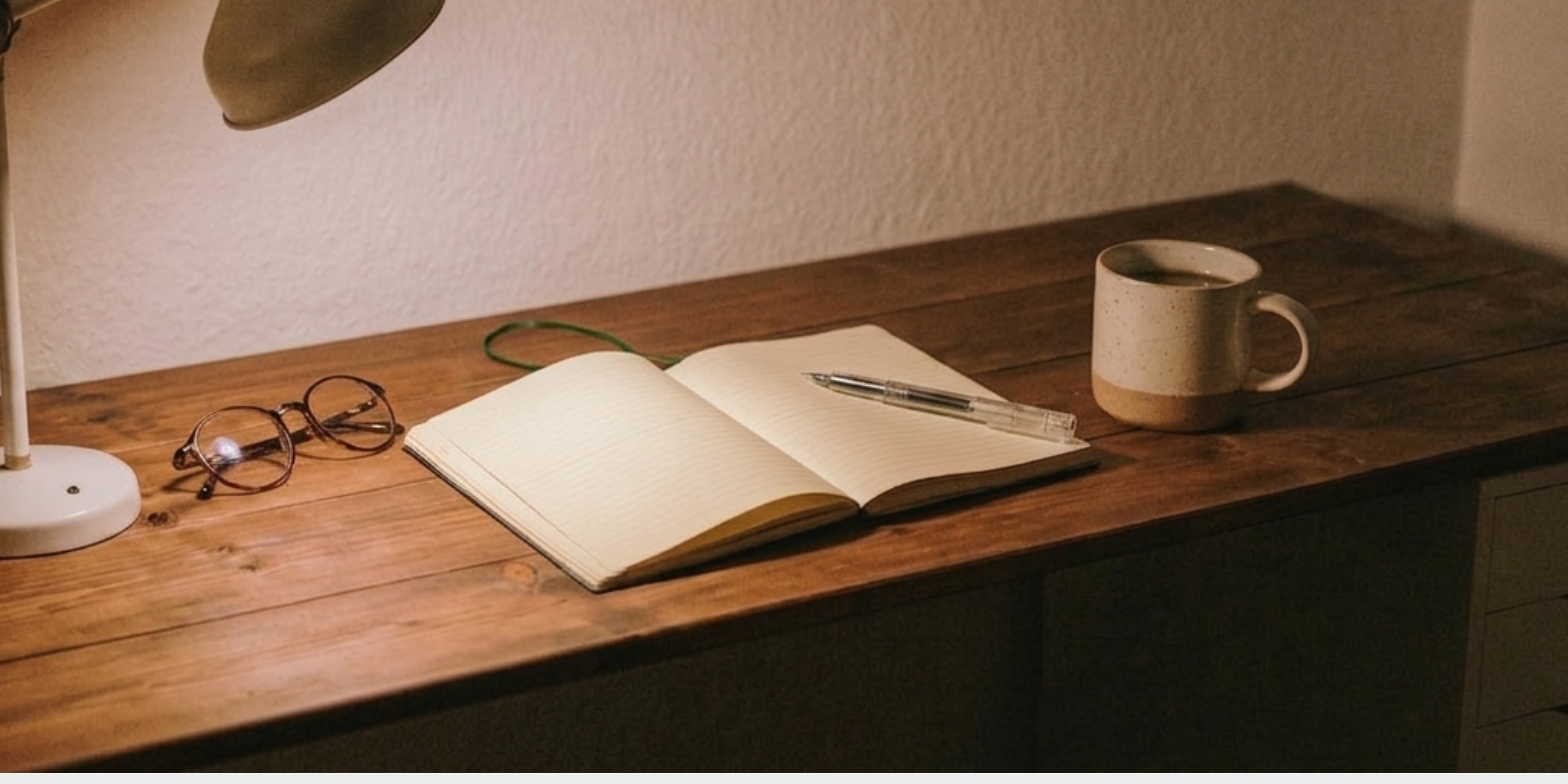Wooden desk with open book, pen, mug, and glasses under a lamp in a warm setting.