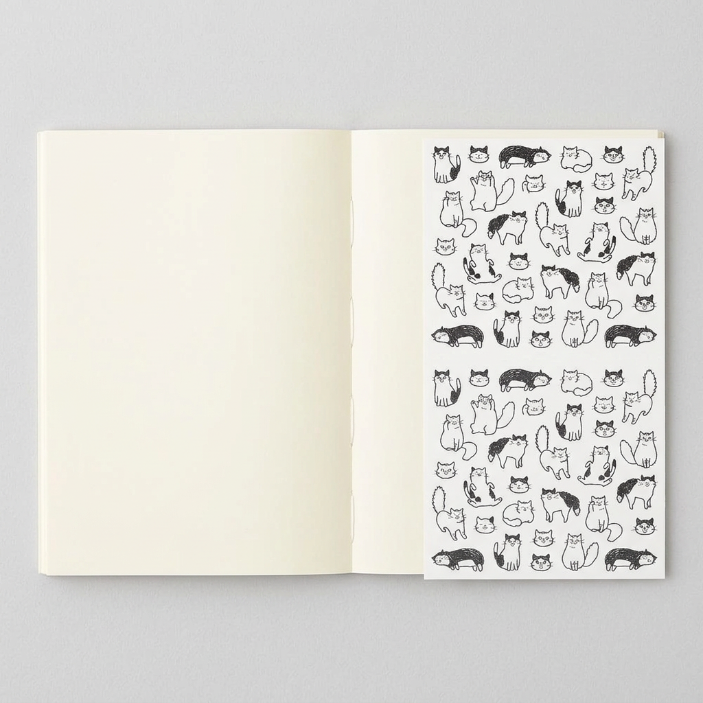 Blank variant: open MD A6 notebook with blank pages and Chat Cat sticker sheet