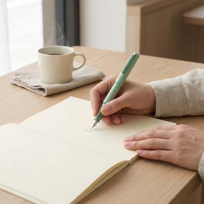 Coffee-shop lifestyle image featuring the green TUZU ADJUST fountain pen and MD A5 Dot Grid notebook