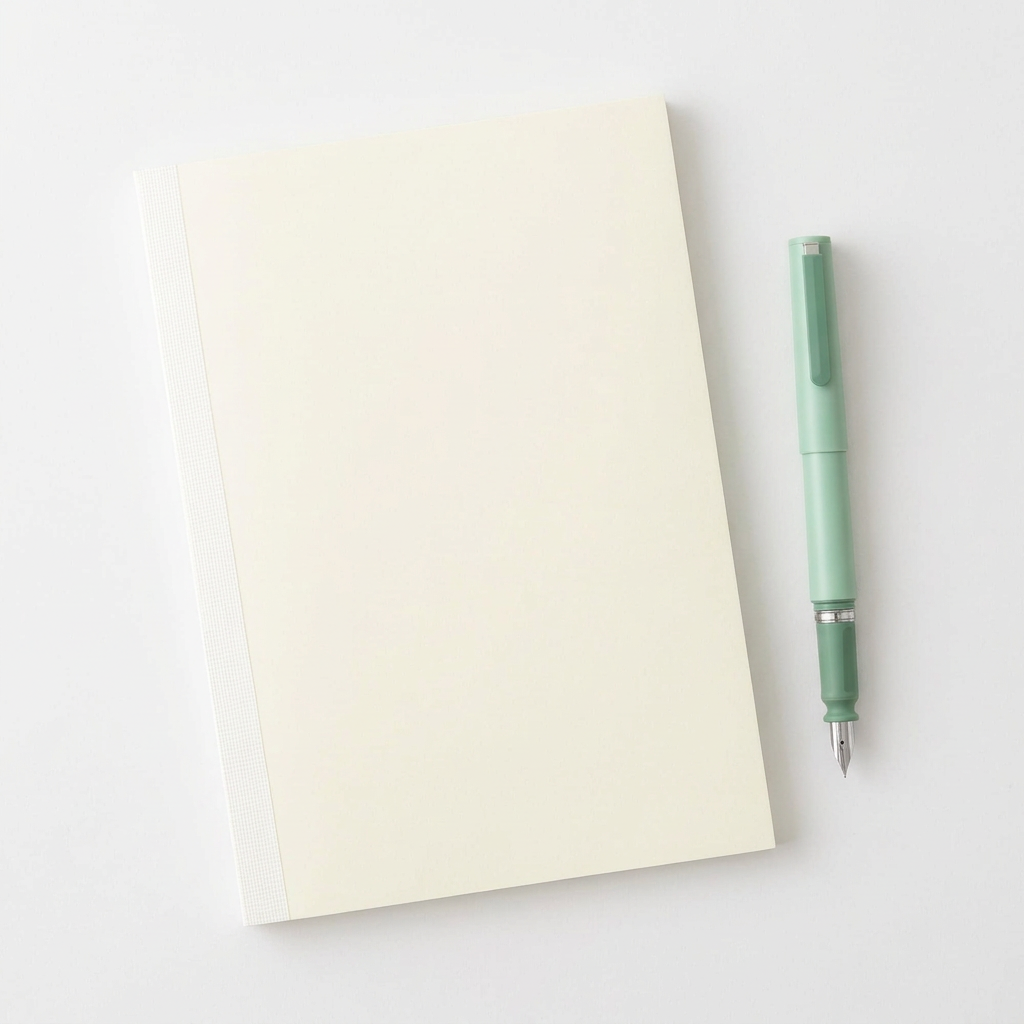 Closed cream MD A5 Notebook beside a green TUZU ADJUST fountain pen on a light neutral background.