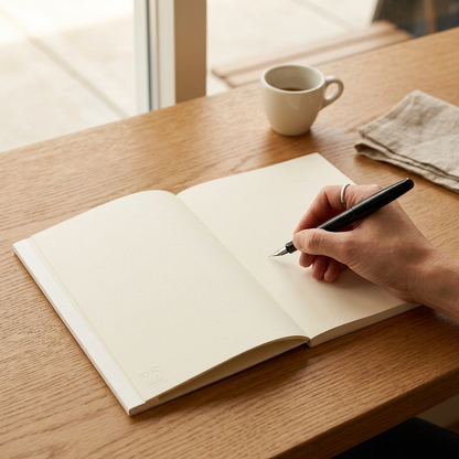 Open cream MD Notebook A5 Blank on an oak café table beside a large window, with a hand writing with a fountain pen.