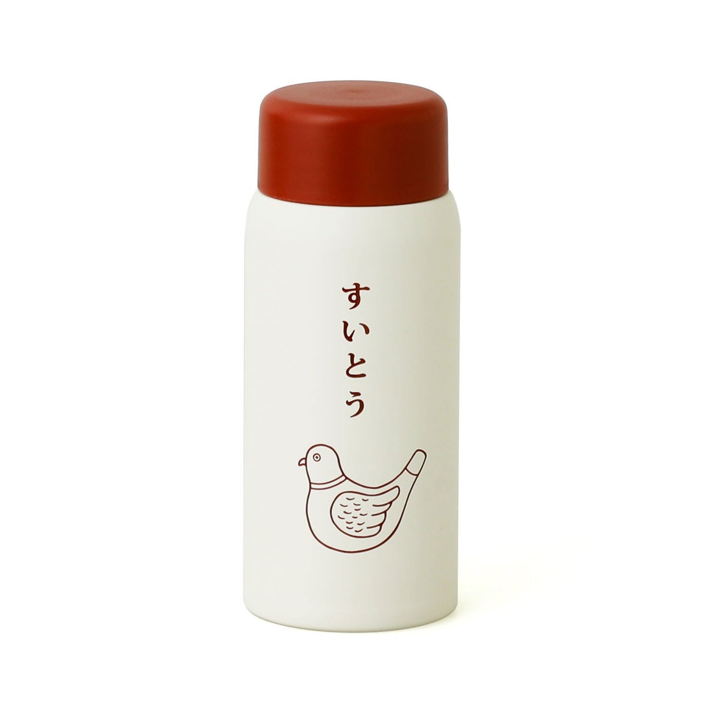 White thermos bottle with red lid and Japanese text on a white background