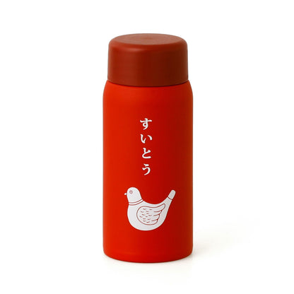 Red thermos bottle with white design and text on a white background