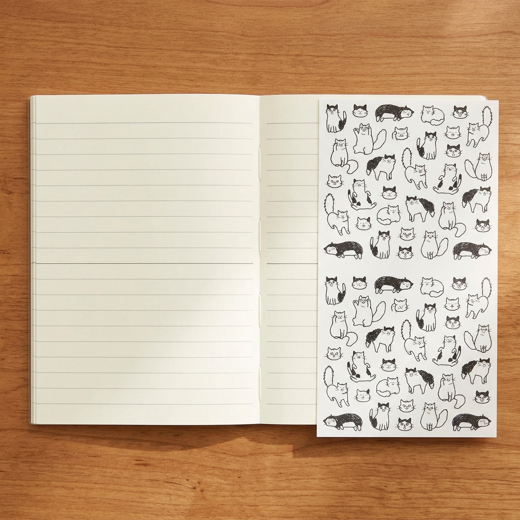 Use-case image: open lined MD A6 notebook and sticker sheet on a wooden desk